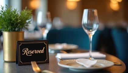 Reserved table setting in luxury restaurant. Elegant dining setting with gold, black card sign. Fine dining place set for celebration party. Luxury eatery with exclusive ambience. Tableware,