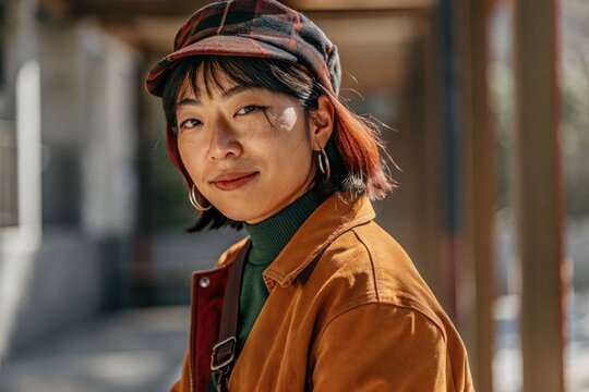 Trendy woman in plaid cap and mustard jacket smiling outdoors on a sunny day - Powered by Adobe