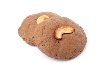 Tasty chocolate cookies with cashew isolated on white