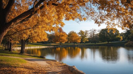 Golden Reflections: Autumn Trees Mirroring in Serene Lake at Sunset