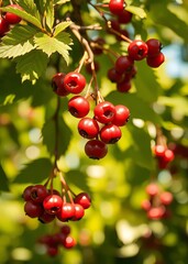 Obraz premium Ripe red berries on a sunny day with vibrant green leaves and a beautiful golden light bokeh background bokeh green bokeh green abstract background light bright blur pattern