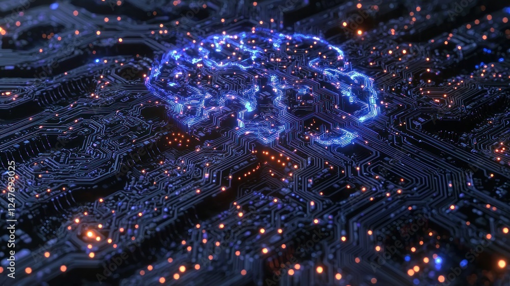 Poster digital brain circuit board; ai neural network, glowing, technology background