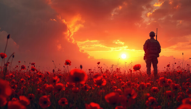 Soldier stands in vast poppy field at sunset. Dramatic sky with fiery colors. Tribute to remembrance, sacrifice. Image evokes strong sense of patriotism, respect for veterans. National holiday theme.