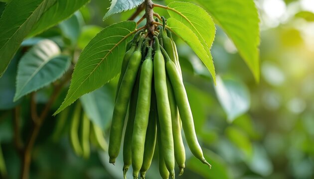 Griffonia simplicifolia plant displays vibrant green pods hanging from branches. Green leaves surround pods. West African rainforest setting evident. Medicinal plant used in traditional medicine.