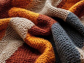 Close-up of Cozy Multicolored Knitted Blanket with Warm Autumnal Tones