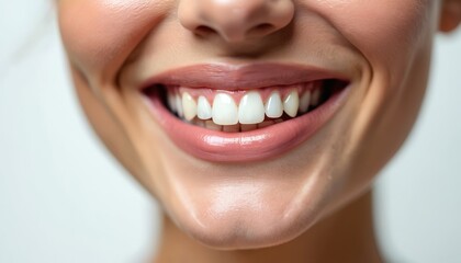 Obraz premium Closeup photo of smiling woman with perfect white teeth. Woman face, lips highlighted. Natural beauty concept. Model poses on white background. Attractive girl healthy teeth, skin showcased. Natural