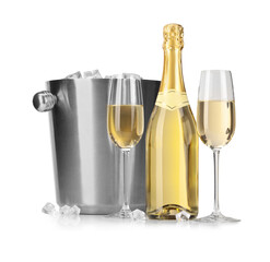 Champagne and bucket with ice isolated on white