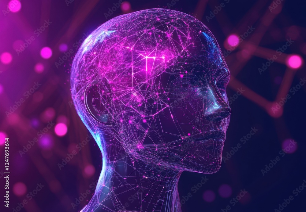 Poster an ai head with glowing neural networks in the background, purple and pink color theme generative ai
