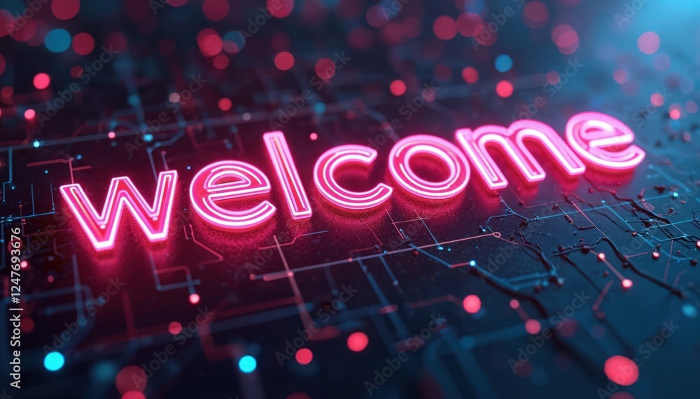 Fototapete digital neon pink welcome word on futuristic tech background. greeting text ideal for websites promo