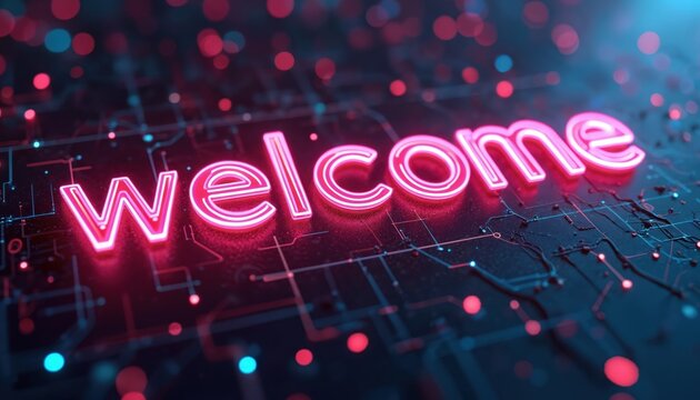Digital neon pink welcome word on futuristic tech background. Greeting text ideal for websites promotions events. Modern tech style invitation template. Digital cyberspace background. Pink glowing