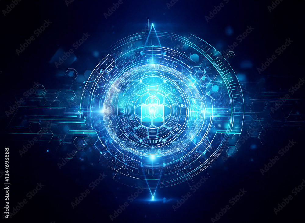 Poster abstract futuristic technology design with glowing blue circular elements and geometric shapes on a 