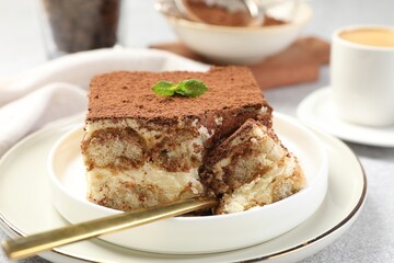 Delicious tiramisu with mint on light table, closeup