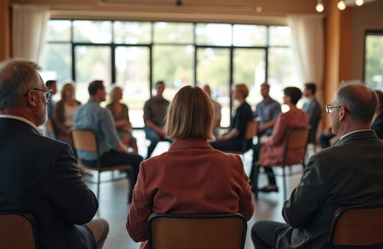 Group of diverse people seated in circle, likely attending community forum town hall meeting. People appear engaged in listening, discussion. Location open space with large windows. Focus on