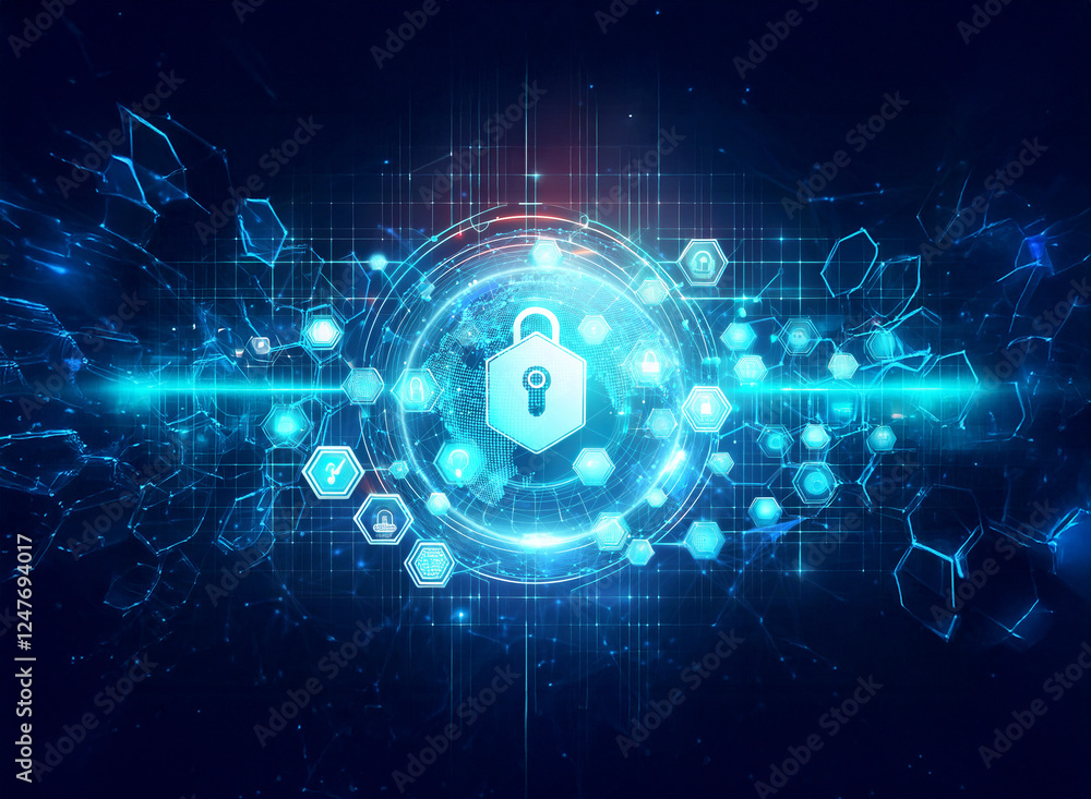 Poster futuristic digital lock in glowing blue cyberspace. abstract technology and light effects represent 