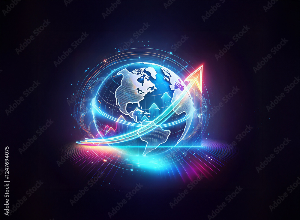 Poster illuminated globe with an upward arrow symbolizing growth and global advancement against a dark back
