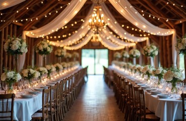 Rustic barn wedding reception. Long tables set with elegant tableware, centerpieces of white roses, green plants. String lights, sheer fabric draped from wooden ceiling create romantic atmosphere.