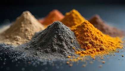 Different piles of colorful metal powders. Various shades of metal pigments. Granular, fine particles. Industrial material for fabrication manufacturing. Mining metallurgical industry. High-tech