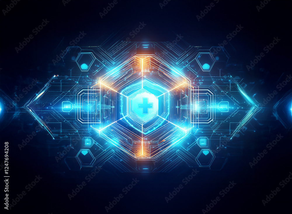 Poster abstract digital shield with a glowing plus symbol in the center, surrounded by intricate blue and o