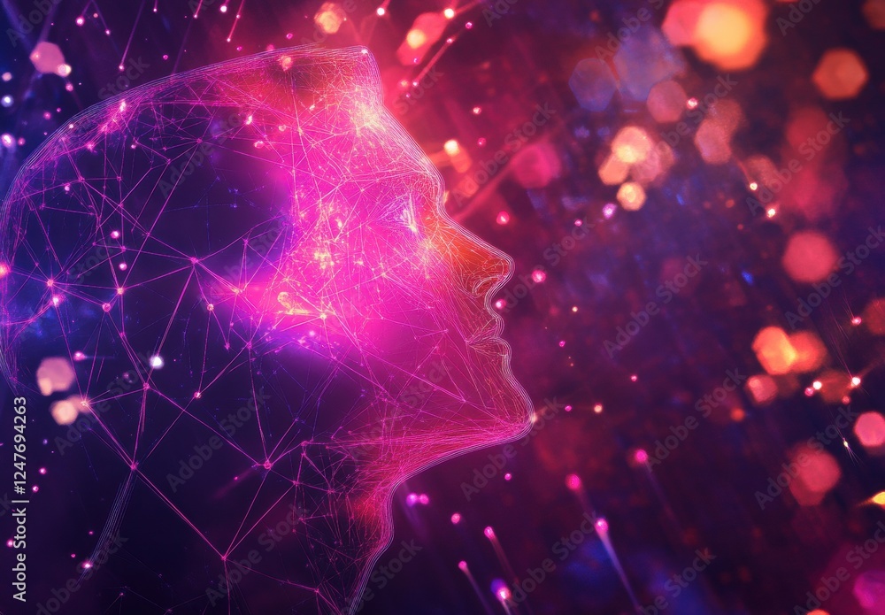 Poster a glowing digital head with neural network lines, against an abstract cosmic background with stars a