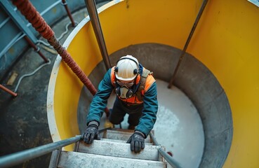 Industrial worker climbs stairs into large yellow tank. Safety equipment includes respirator, protective gear. Rescue rope visible. Confined space entry. Industrial setting. Safety measures
