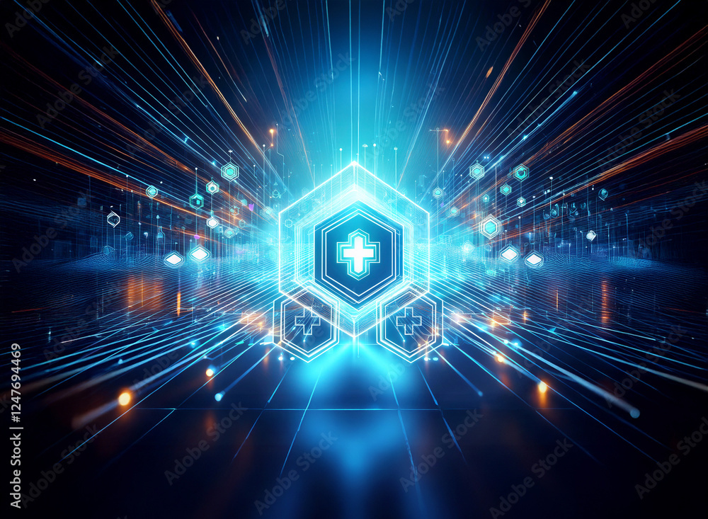 Poster futuristic glowing hexagon with a plus symbol at center, surrounded by lines and lights. represents 