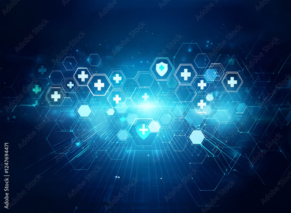 Poster abstract blue futuristic background with glowing hexagons and medical cross symbols. digital network