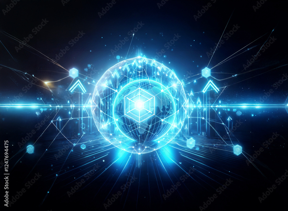 Poster a luminous blue sphere with a central cube radiates light, connected by glowing lines and nodes agai