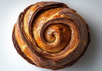 Fototapeta premium Mouthwatering Close-Up of a Golden Brown Swirled Pastry on a Clean Surface, Perfect for Culinary and Baking Enthusiasts