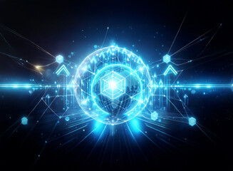 Naklejka premium A luminous blue sphere with a central cube radiates light, connected by glowing lines and nodes against a dark backdrop, suggesting futuristic technology and network connectivity.