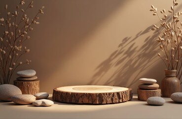 Natural wooden podium with stones, branches. Empty display for cosmetic, jewelry products. Beige background with sunlit shadows. Front view of minimalist design. Natural, luxurious look for beauty