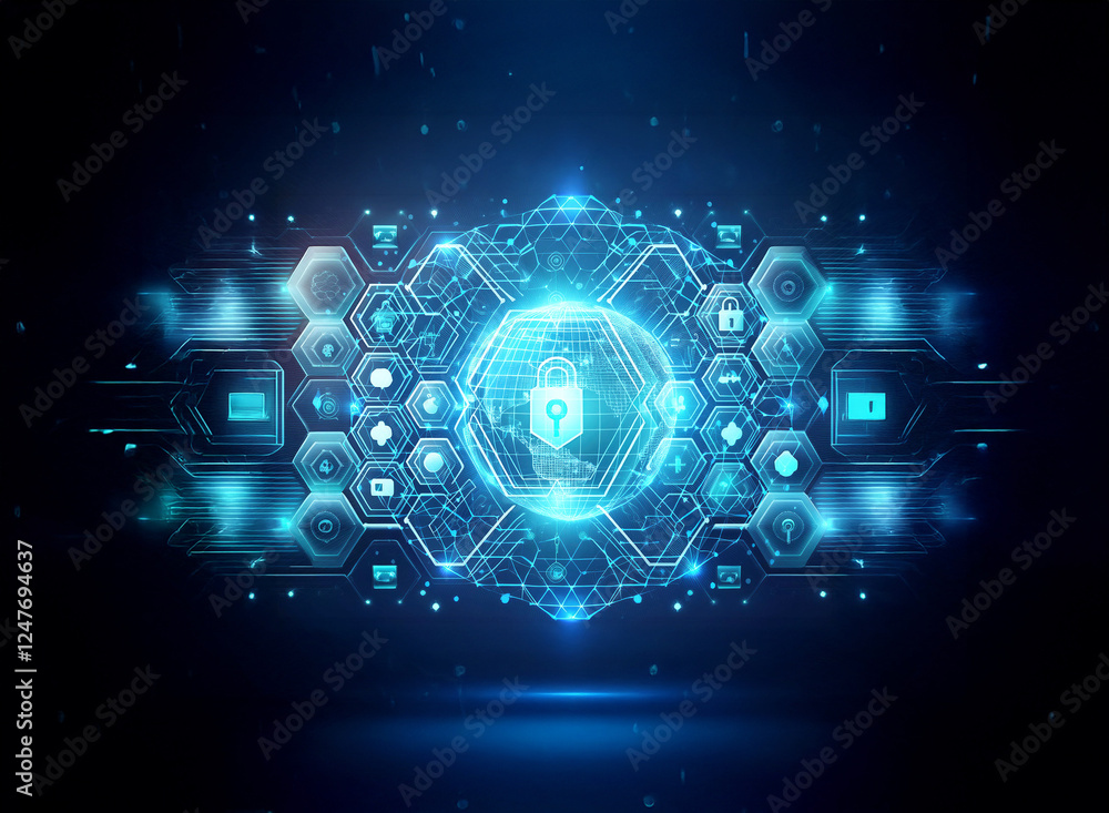 Poster a glowing blue digital eye with interconnected hexagons and a globe at the center, symbolizing futur