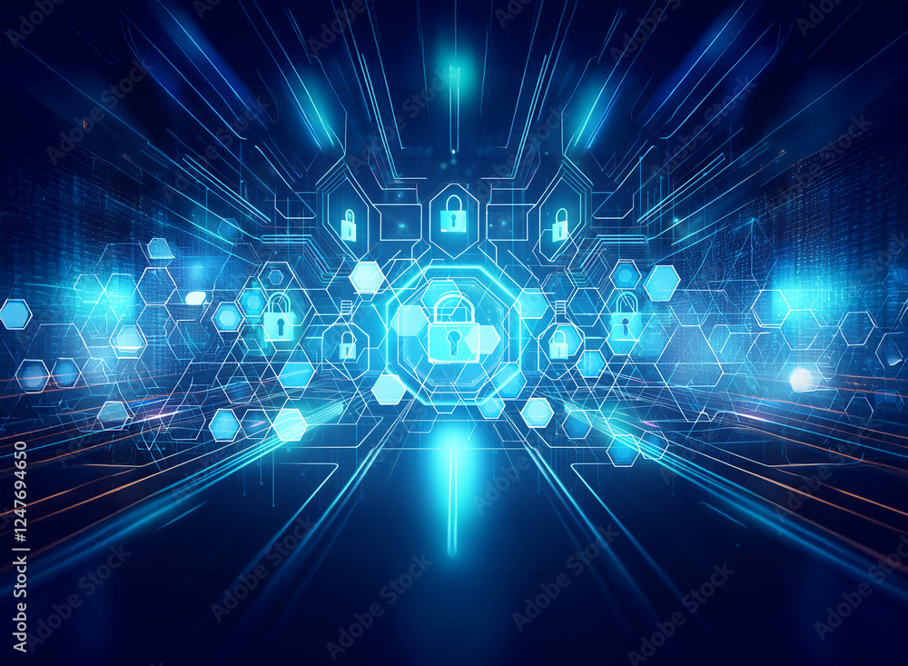 Poster digital security concept featuring glowing padlocks and a hexagonal grid on a dark blue backdrop wit