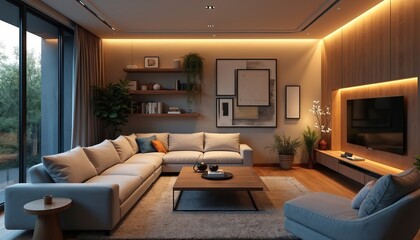 Fototapeta premium Modern living room features sectional sofa, large TV. Cozy atmosphere with warm lighting, stylish decor. Comfortable space for relaxation. Interior design inspiration. Minimalist furniture design.