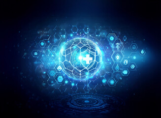 Obraz premium Futuristic blue sphere with a plus sign at the center, surrounded by hexagonal icons representing medicine and technology, glowing digital network.