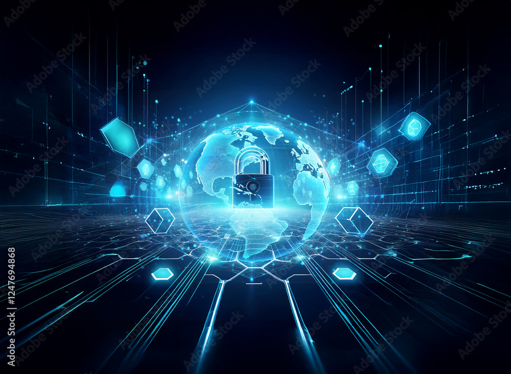 Poster glowing globe with a padlock in cyberspace. geometric cubes and lines create a futuristic network se