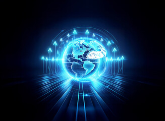 Obraz premium Glowing blue globe with upward arrows symbolizes global progress and technological advancement. Bright light rays emanate from below, suggesting growth and future direction.