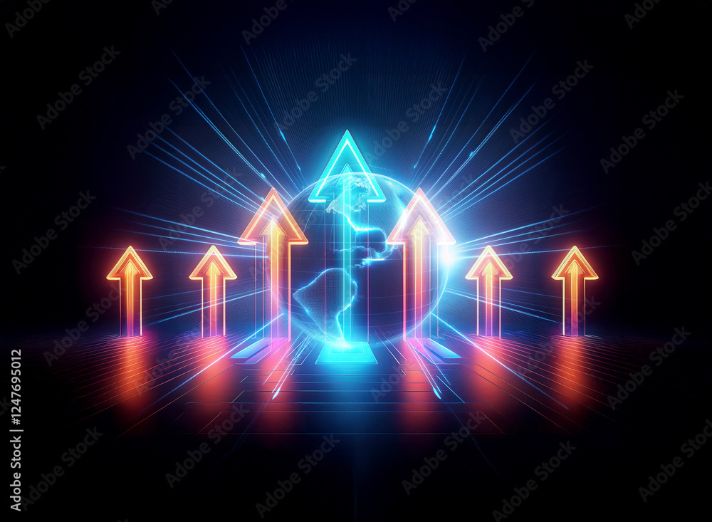 Poster a central blue neon arrow with lightning is surrounded by glowing orange arrows pointing upwards on 