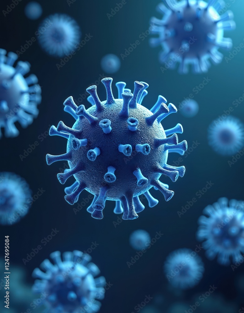 Poster microscopic close-up view of floating virus cells. virus particles show intricate structures, comple
