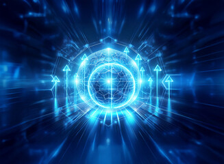 A captivating abstract digital artwork with a central glowing blue sphere surrounded by geometric shapes and radiating light beams, creating a dynamic futuristic and technological scene.