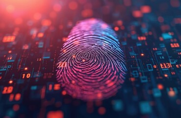Intricate fingerprint design stands out against tech background. Colorful binary code cascades around. Vivid colors radiate from fingerprint pattern showing link between identity, modern tech.