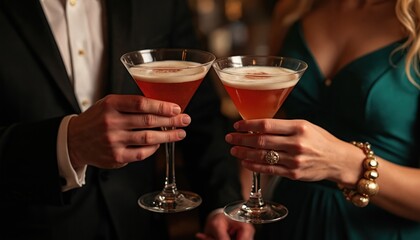 Couple toasts with martini cocktails in fancy restaurant. Man in tuxedo holds drink. Woman in elegant dress supports hand for celebratory drink. Likely special occasion. Possibly wedding romantic