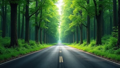 Fototapeta premium Straight road leads through green forest. Trees line both sides of way. Green foliage creates vibrant scene. Sustainable travel concept. Outdoor setting. Perfect for travel, eco-tourism. Beautiful