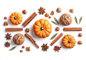 Fototapeta premium Vibrant Autumn Composition with Pumpkins, Nuts, Spices, and Natural Elements on White Background for Seasonal Decoration and Culinary Inspiration