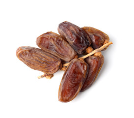 Bunch of tasty dried dates isolated on white, top view