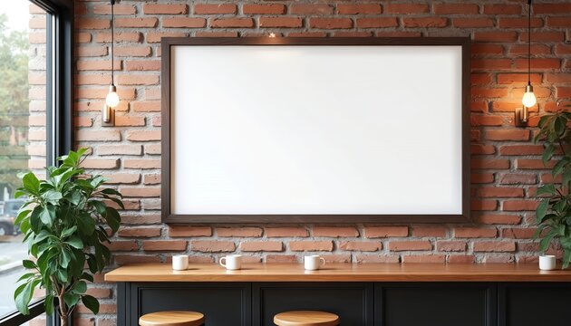 Indoor cafe scene shows blank frame mockup on brick wall. Plants, wooden furniture visible. Empty frame perfect for design presentations. Interior cafe design. Empty space for advertising. Wooden