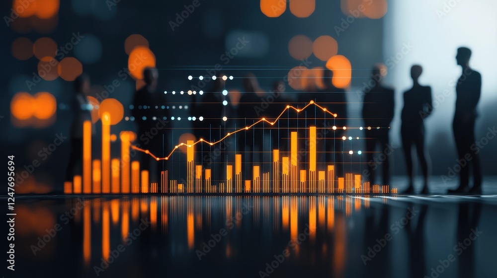 Poster a digital representation of business analytics featuring silhouette figures and an ascending graph, 