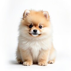 Obraz premium Adorable pomeranian puppy sits in studio against white background. Cute, fluffy young dog looks directly at camera. Purebred spitz miniature dog. Studio setting isolates pet. Pet photo ideal for