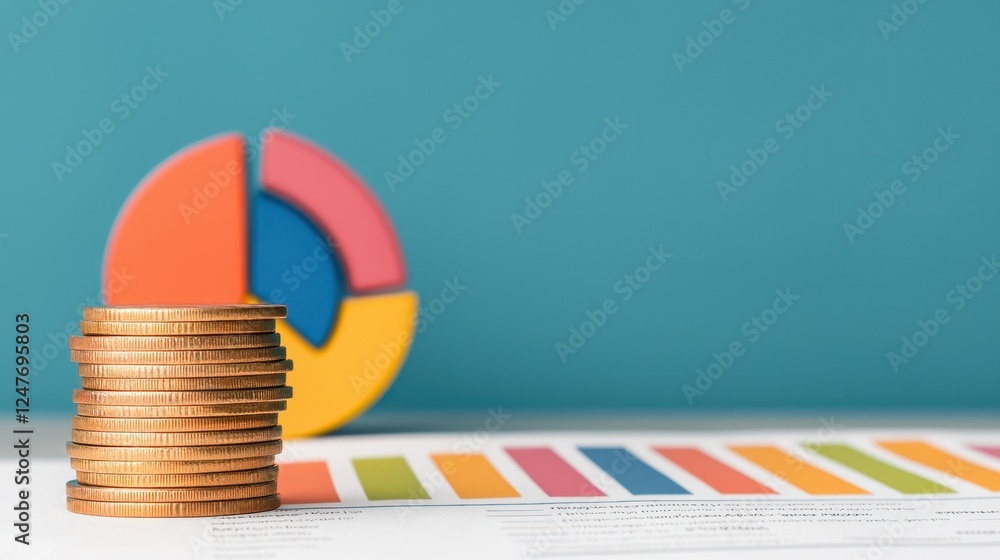 Poster a stack of coins beside colorful charts and graphs, representing financial analysis and growth in a 