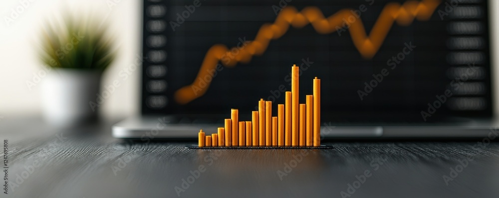 Poster a modern workspace featuring a laptop with an upward bar graph, symbolizing growth and data analysis