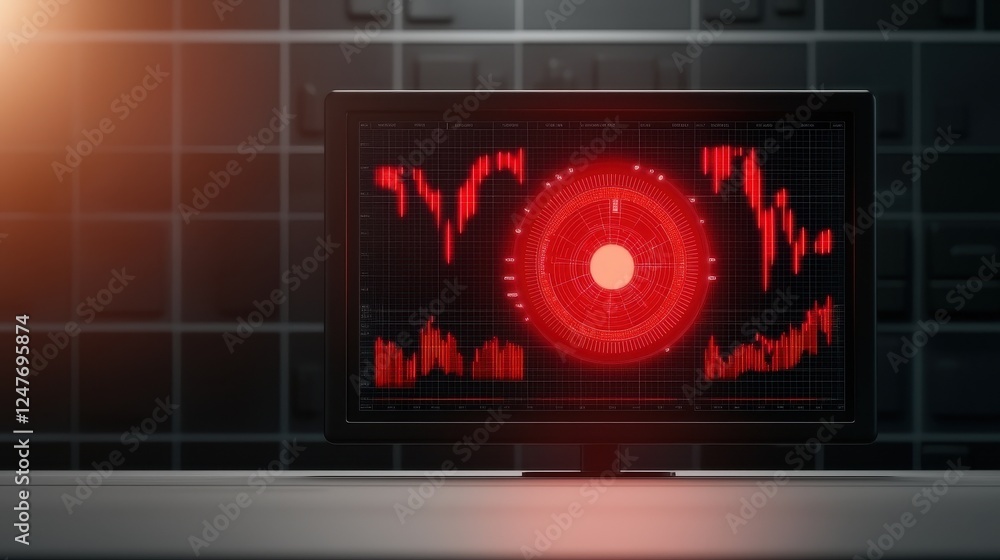 Poster a digital display shows red financial graphs and data on a black background, indicating market trend